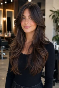 21. Long Layers with Curtain Bangs