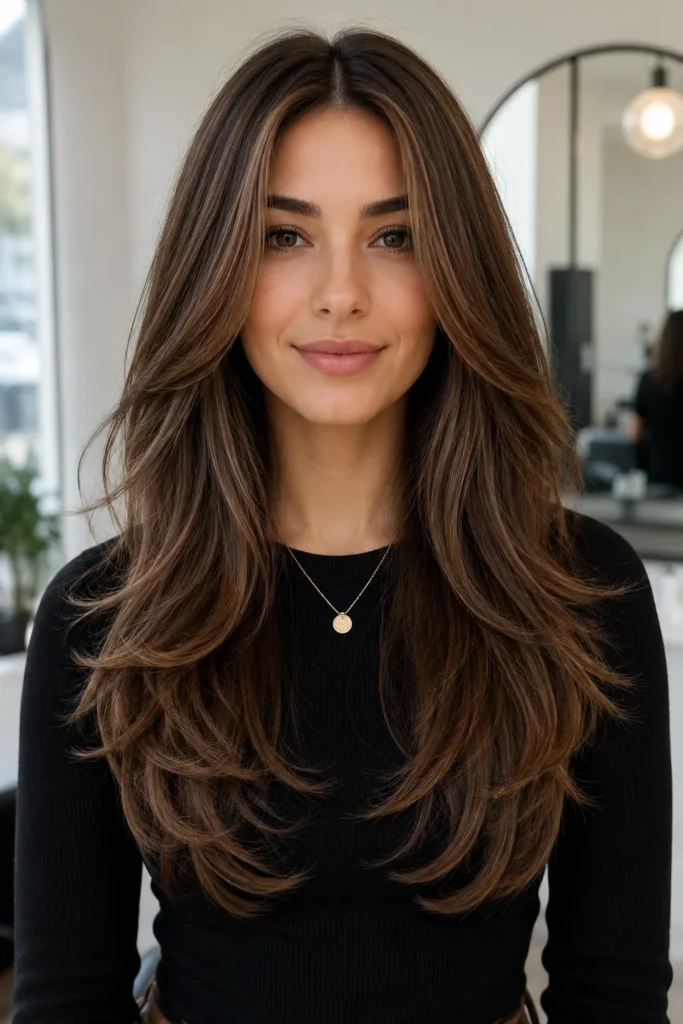 2. Long Layers with a Center Part Layered Hairstyles for Women
