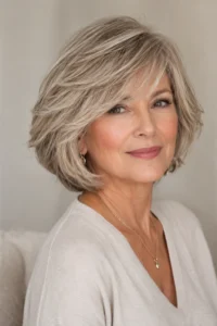 15. Soft Layered Bob with Side-Swept Fringe