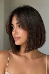 6. Blunt Layered Bob with Curtain Bangs