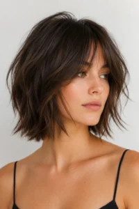 3. Textured Layered Bob with Curtain Bangs