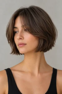 2. Chin-Length Layered Bob with Curtain Bangs