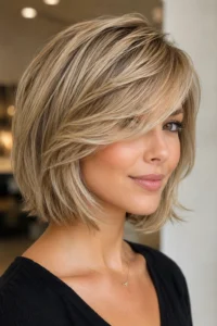 19. Layered Bob with Side-Swept Bangs