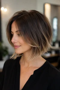 31. Layered Bob with Highlighted EndsLightening just the tips draws the eye outward and downward, creating width through smart color placement rather than relying on the actual cut alone. Easing into brighter tones gradually? This is a great place to start slowly. Since only the ends get lightened here, regrowth stays subtle, meaning far fewer trips back to the salon chair than a full-color job typically demands. 32. Modern Wolf-Inspired Layered Bob A trend-forward pick among layered bob hairstyles for thin hair, this style borrows heavy, choppy texture from the trending wolf cut, bringing serious volume and real attitude together. Younger women or anyone chasing a bolder, edgier update tend to love this style most. The layering does so much work on its own that daily styling becomes almost entirely optional. 33. Layered Bob with Face-Framing Pieces Longer pieces left specifically around the face add softness while shorter layers elsewhere throughout handle the overall volume needed for fullness. It's subtle, not a full bang commitment, which a lot of women actually genuinely prefer over time. Style them forward or sweep them back depending on your mood, and that flexibility alone makes this particular cut genuinely worth considering seriously. 34. Chin Length Layered Bob with Waves Waves added to a chin-length cut camouflage thinness effectively while keeping everything looking neat enough for a professional office setting throughout the day. Perfect if a fully undone look feels too casual for your particular workplace environment. A medium-barrel wand gets you loose, natural-looking waves without ever tipping into looking overly done or fussy by the end of the day. 35. Ultra-Short Layered Pixie Bob Sitting somewhere between a bob and a pixie, this ultra-short cut relies entirely on layering for shape, since there's barely any length left to work with otherwise at all. Fearless women ready for real, dramatic change gravitate toward this style naturally. It's genuinely one of the lowest-maintenance layered bob hairstyles for thin hair you'll find anywhere on this entire list.