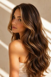 7. Caramel Brunette With Golden Ribbon Highlights