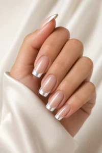 12. Chrome French White Nails With Shine