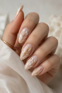 18. Botanical White Nail Designs With Gold Details