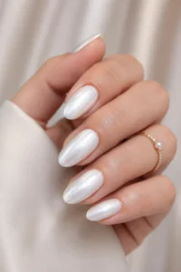 23. Shimmer White Nails With Pearl Finish
