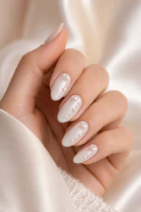 35. White Pearl Embellished Nails