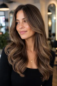 13. Beige Caramel Highlights on Neutral Brown Hair