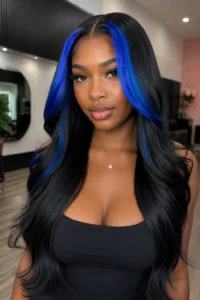 23. Electric Blue Front Highlights on Black Hair