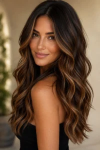7. Classic Caramel Balayage on Chocolate Brunette Hair