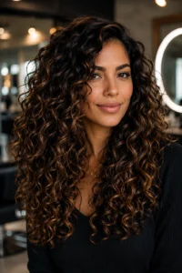 24. Curly Brunette Balayage Painted Curl by Curl