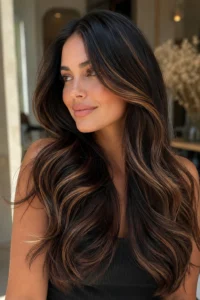 21. Bold Ribbon Highlights Through Dark Brown Hair
