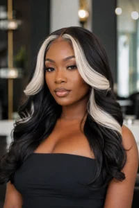 20. Platinum Front Highlights on Black Hair