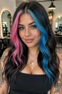 35. Split Pink and Blue Face-Framing Highlights