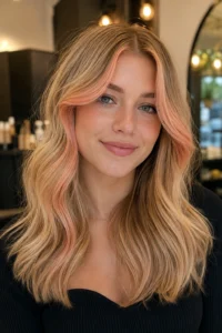 32. Peach Front Highlights on Warm Blonde Hair
