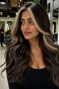 20. High-Contrast Blonde Money Piece on Deep Brunette Hair