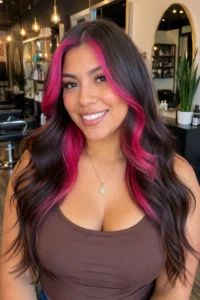 24. Hot Pink Money Piece on Brunette Hair