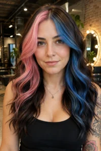 35. Split Pink and Blue Money Piece Highlights