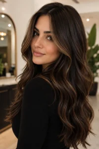 12. Dark Cocoa Balayage With Subtle Face-Framing Pieces