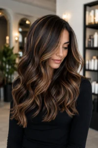 21. Bold Caramel Ribbon Highlights Through Dark Brown Hair