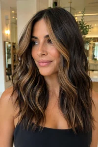 23. Caramel Money Piece Highlights on Brunette Hair