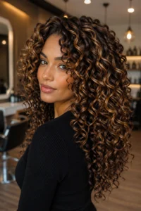 31. Curl-Painted Caramel Highlights on Brown Curly Hair