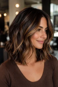 35. Caramel Highlights on a Textured Shoulder-Length Cut