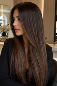 34. Subtle Caramel Highlights on Straight Brunette Hair