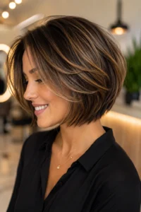 32. Caramel Highlights on a Layered Brunette Bob