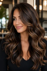 1. Classic Caramel Highlights on Chocolate Brown Hair