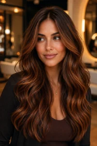 10. Cinnamon Caramel Highlights on Warm Brunette Hair