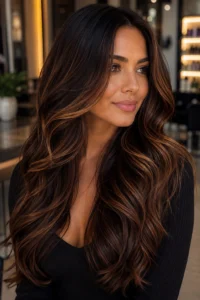 6. Rich Caramel Highlights on Dark Brown Hair