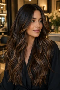 20. Caramel Ribbon Highlights on Dark Brown Hair