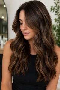 24. Chocolate Lowlights Through Light Brown Hair