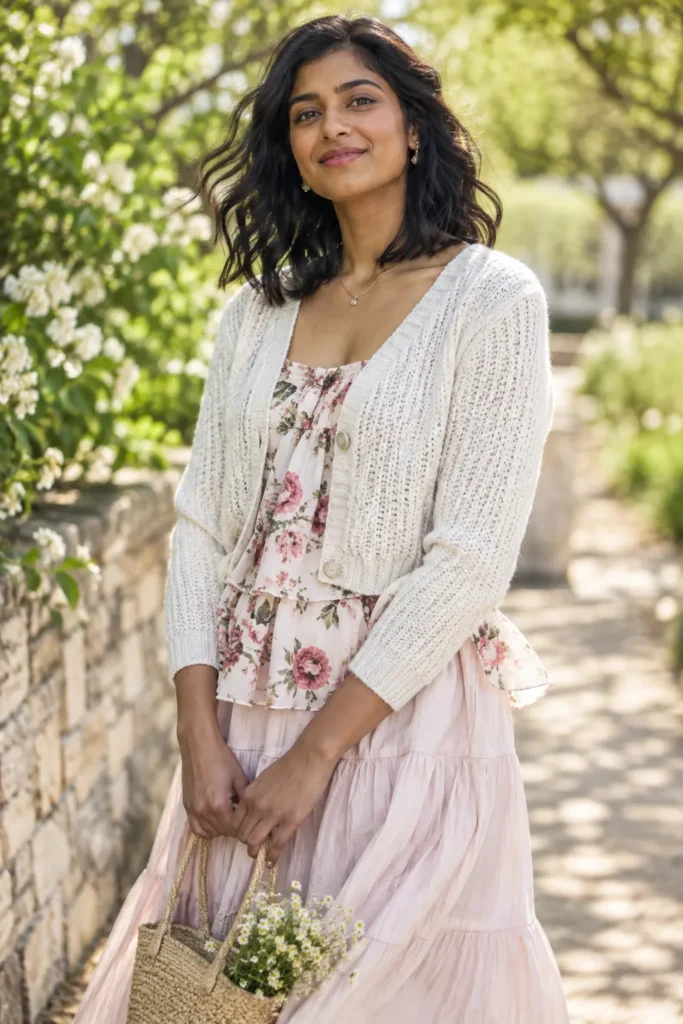 12. Cropped Cardigan Over Flowy Top