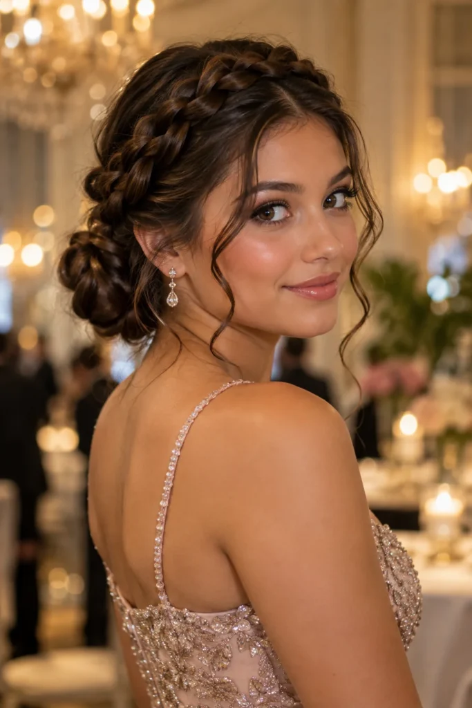 16. Halo Braid Updo For Prom