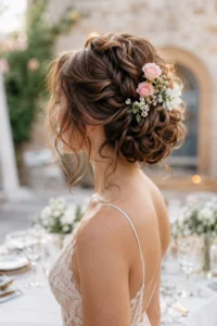 10. Soft Curled Updo With Flowers