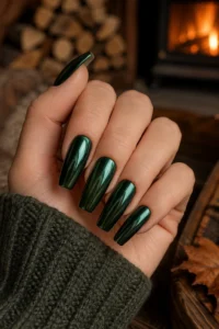 18. Forest Green Chrome Coffin Nails