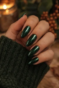 17. Emerald Chrome Almond Nails