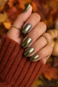 16. Olive Green Chrome Nails