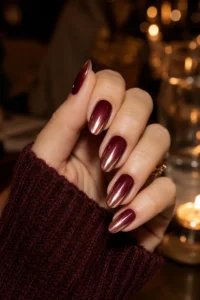 8. Wine Red Chrome Ombre Nails