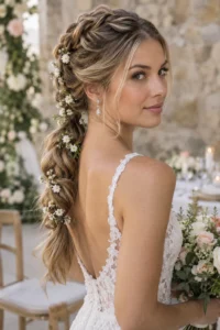 14. Bridal Braided Ponytail With Flowers