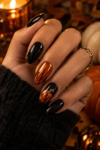 14. Chrome Pumpkin Accent Nails