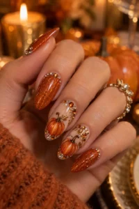 28. Pumpkin Nails With Rhinestones