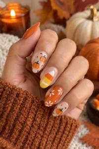 26. Pumpkin And Candy Corn Nails