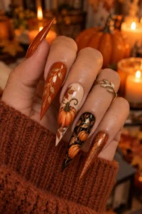 24. Long Stiletto Pumpkin Nails
