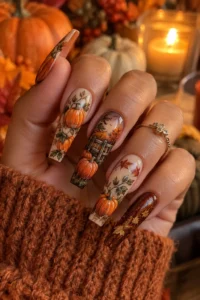 22. Long Coffin Pumpkin Nails