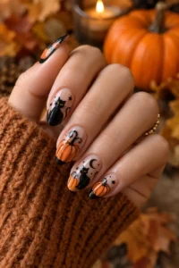 8. Black Cat And Pumpkin Nails